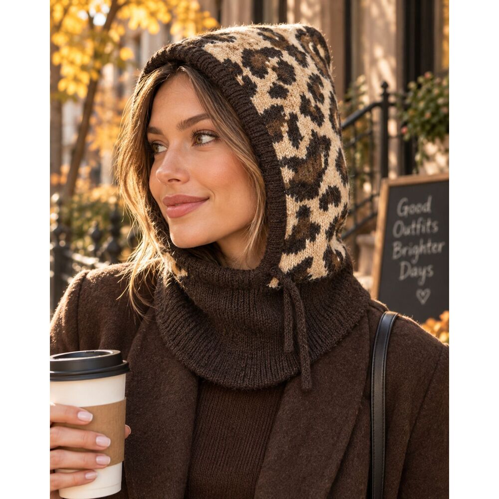 Steve Madden Leopard Knit Balaclava Hood Scarf Womens One Size Brown Tan Winter